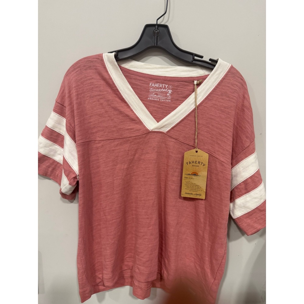 Faherty Sunwashed Slub Varsity Tee Womens Small Pink V-Neck Organic Cotton NWT
